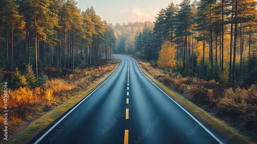 Fototapeta premium Serene Highway with Sunlit Trees. AI generated illustration