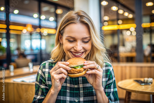 A white pretty woman is eating a delicious burger in a fast food restaurant. Caucasian woman is enjoying the fast food.