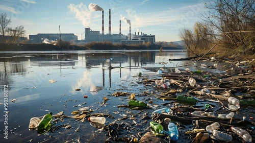 water pollution with plastic waste, industrial plant