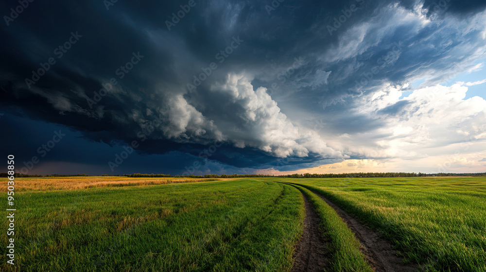 Dramatic storm clouds loom over a vibrant green field, creating a striking contrast against the darkening sky and golden horizon. Dramatic storm clouds loom over a vibrant green field, creating a striking contrast against the darkening sky and golden horizon.