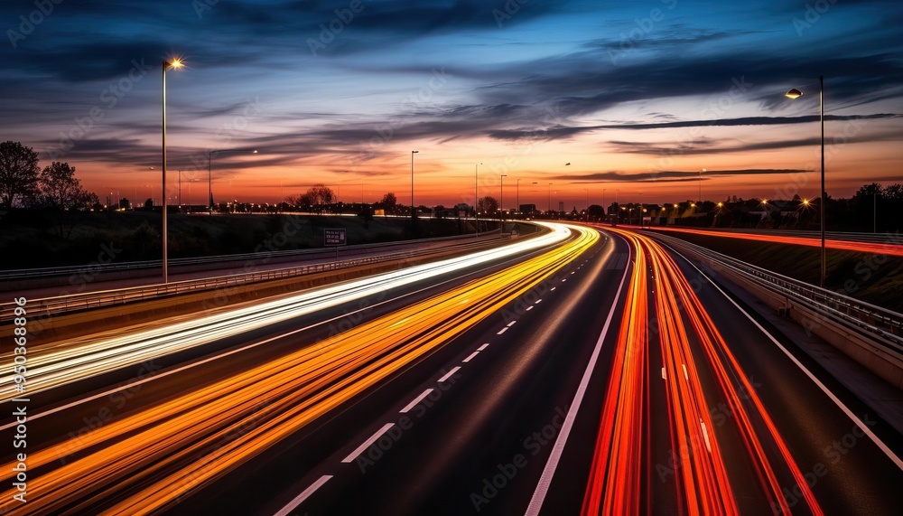 Dynamic night scene with light trails on a highway, showcasing the vibrant colors of dusk and fast-moving vehicles. Dynamic night scene with light trails on a highway, showcasing the vibrant colors of dusk and fast-moving vehicles.
