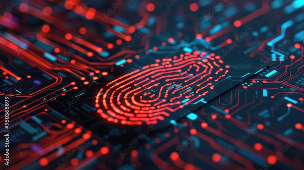 Digital fingerprint on a circuit board representing cyber security and biometric technology concept in a futuristic atmosphere. Digital fingerprint on a circuit board representing cyber security and biometric technology concept in a futuristic atmosphere.