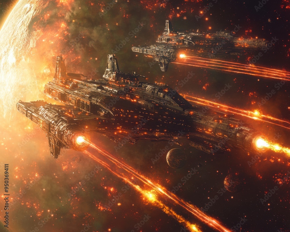 Fototapeta premium Spaceship Firing Lasers in Space Near Red Planet
