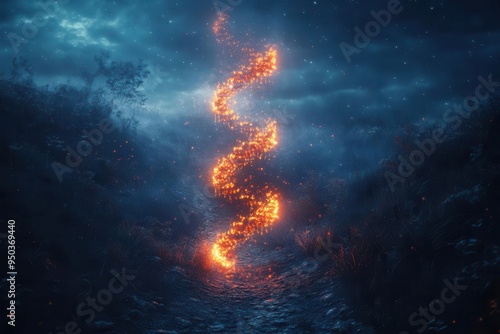 surreal landscape of winding road morphing into dna helix leading to glowing doorway symbolizing scientific breakthrough photo