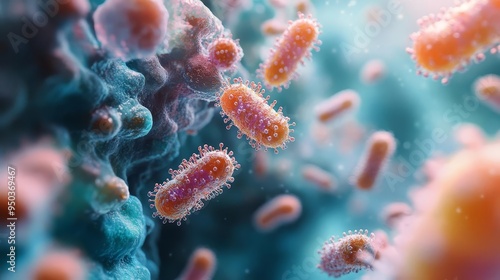 A graphic of prokaryotes and fungi spreading during transmission, showcasing their effects on cellular health and medical science