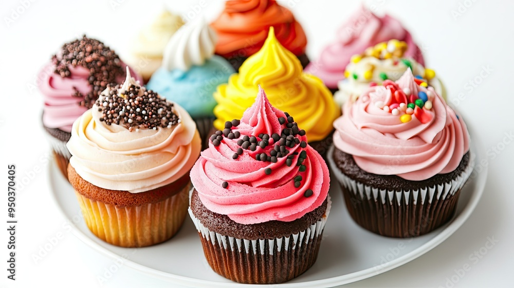 A plate filled with assorted cupcakes, each uniquely decorated, set against a clean white background, inviting a sweet treat. A plate filled with assorted cupcakes, each uniquely decorated, set against a clean white background, inviting a sweet treat.
