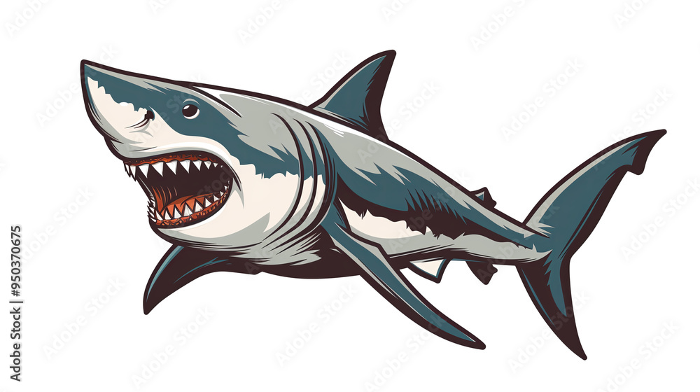 A cartoon style illustration of a great white shark attacking, with exaggerated features such as large teeth and intense eyes, set against a simple white background. The playful A cartoon style illustration of a great white shark attacking, with exaggerated features such as large teeth and intense eyes, set against a simple white background. The playful