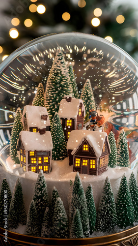 Christmas village miniature house snow covered Christmas globe snowball happy new year vertical poster wallpaper