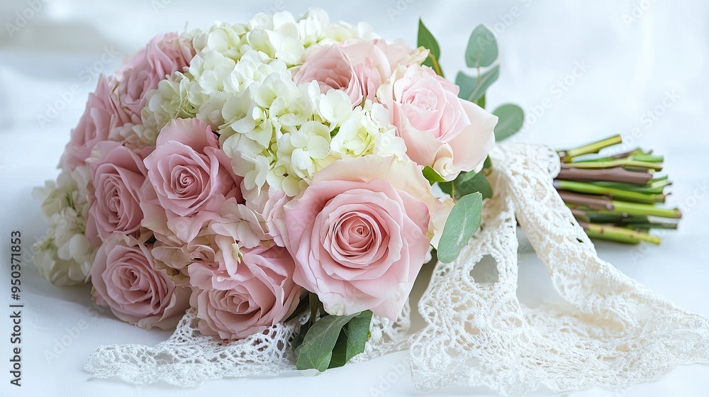 A romantic floral arrangement of pink roses and hydrangeas tied with a lace ribbon, set on a soft white background. A romantic floral arrangement of pink roses and hydrangeas tied with a lace ribbon, set on a soft white background.
