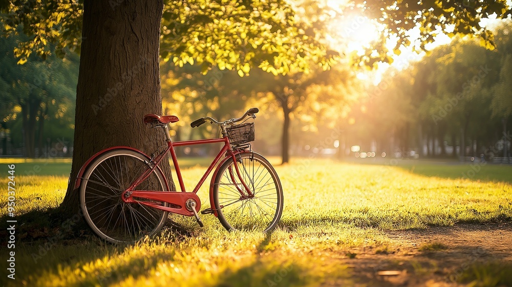 Obraz premium red bicycle leaning against a tree in a city park