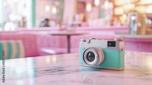 retro camera perched on a marble countertop in a trendy cafe, with bright pastel colors