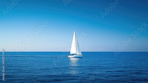 A sailboat in the distance, cruising across the deep blue ocean beneath a clear and cloudless sky.