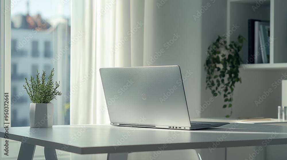Fototapeta premium white laptop on a sleek desk in a modern office