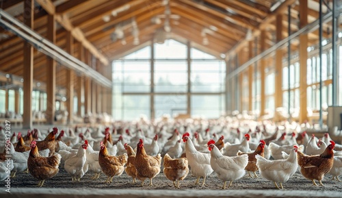 Free-Range White Chickens in a Spacious Poultry Farm