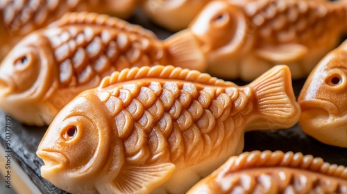 27080743 109 Taiyaki: Close-up of fish-shaped cakes filled with sweet fillings like custard or anko, with a neutral color background. --ar 16:9 --v 6.1 Job ID: 3fbb25d9-8a3f-4011-bf9c-5b0f43e6a3d3 photo