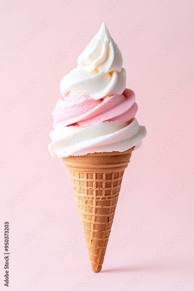 Delicious strawberry and cream ice cream in a waffle cone on a single color background isolated