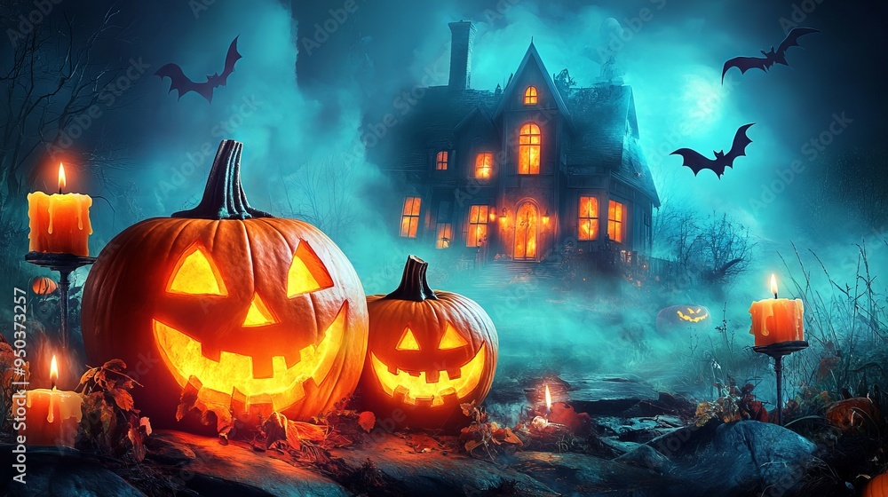 Spooky Halloween Night with Pumpkins and Candles. AI generated illustration Spooky Halloween Night with Pumpkins and Candles. AI generated illustration