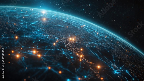 A 3D rendering of Earth with glowing data streams connecting continents, representing global internet