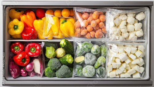 Freezer drawer filled with various frozen vegetables in clear bags, Vegetable storage, Healthy meal planning