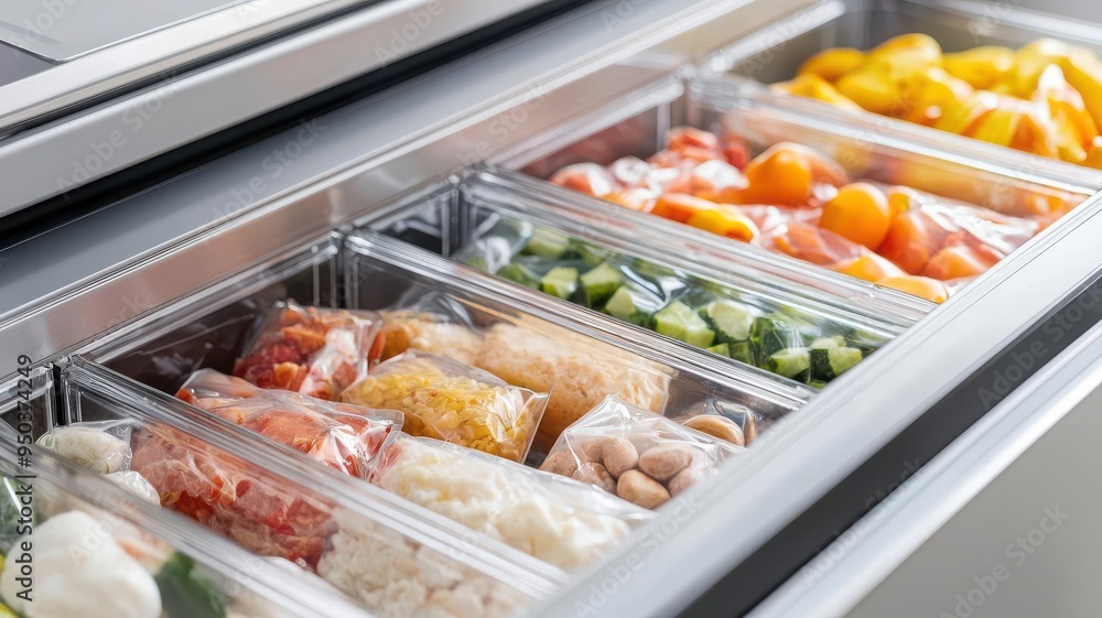 Freezer drawer with a variety of frozen food bags organized by category, Categorized frozen storage, Easy meal access Freezer drawer with a variety of frozen food bags organized by category, Categorized frozen storage, Easy meal access