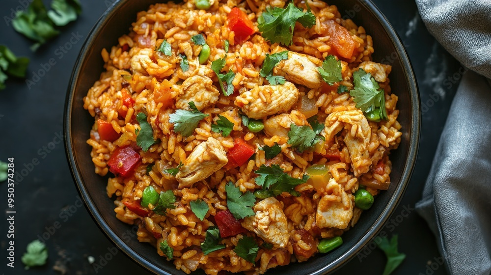 A bowl of arroz con pollo, colorful and rich with chicken and vegetables, viewed from the top A bowl of arroz con pollo, colorful and rich with chicken and vegetables, viewed from the top