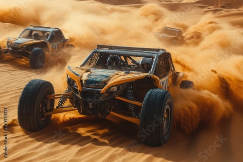 thrilling desert buggy race through dubais golden dunes actionpacked scene with offroad vehicles kicking up sand set against backdrop of endless desert landscape adventure and adrenaline theme photo