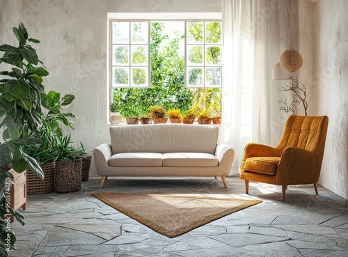 Sleek living area with dove sofa, amber chair, trapezoid rug, spice garden window. Simple philosophy. photo