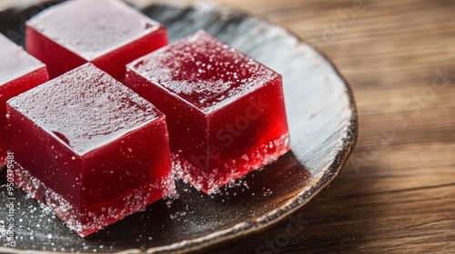 jellied dessert made from red bean paste, agar, and sugar, with a plain background. 