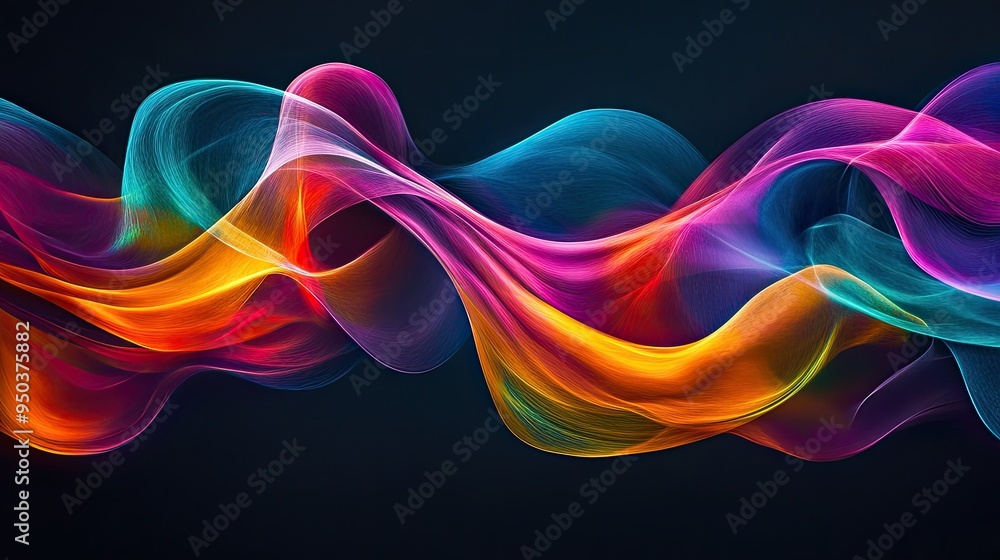 Obraz premium Abstract wave of colorful lines flowing across a dark background, creating a sense of motion and energy