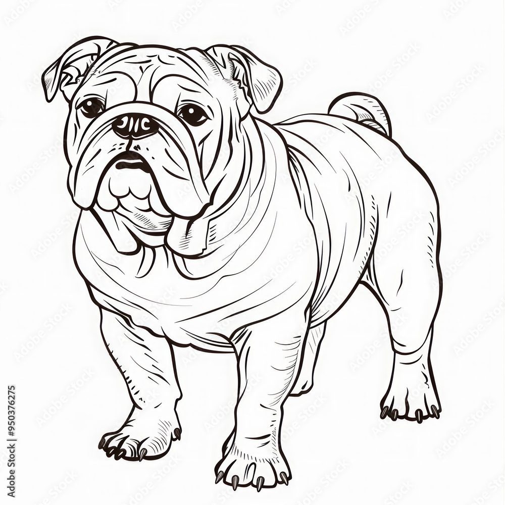 Standing bulldog with wrinkled face and muscular build. Black and white line art illustration. Cute animal character design for coloring book. Generative AI Standing bulldog with wrinkled face and muscular build. Black and white line art illustration. Cute animal character design for coloring book. Generative AI