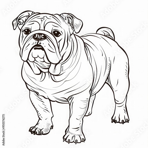 Standing bulldog with wrinkled face and muscular build. Black and white line art illustration. Cute animal character design for coloring book. Generative AI