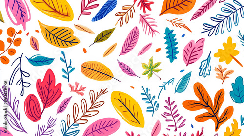 colorful hand-drawn style autumn leaves pattern on white background, vibrant fall wallpaper, backdrop, seasonal design