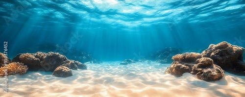 Underwater Scene with Sunbeams and Coral Reef Photo