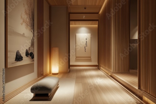 Serene Japandi Hallway with Neutral Decor, Soft Lighting, and Minimalist Aesthetics