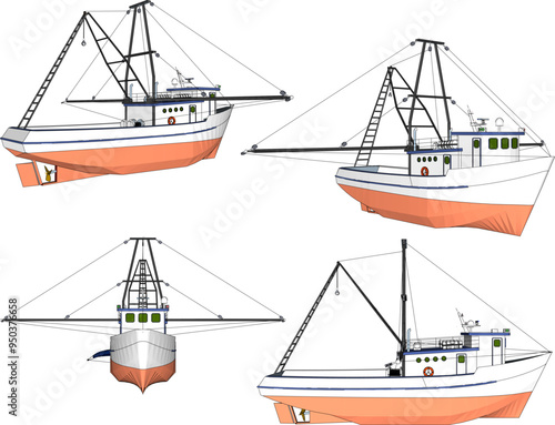 Vector sketch illustration of the design of a fishing boat searching for fish on the high seas