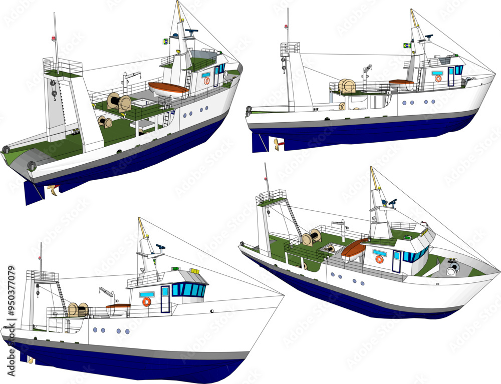 Vector sketch illustration of the design of a fishing boat searching for fish on the high seas Vector sketch illustration of the design of a fishing boat searching for fish on the high seas