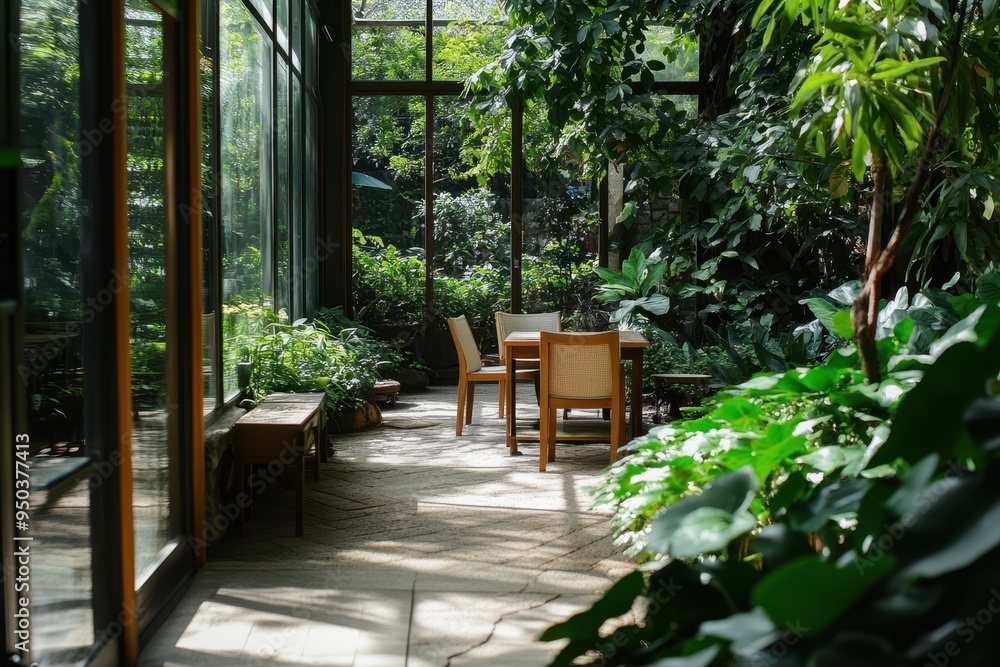 Serene Japandi Conservatory with Light Wood Frames and Lush Greenery | Bright Side Shot with Neutral Tones and Soft Natural Light Serene Japandi Conservatory with Light Wood Frames and Lush Greenery | Bright Side Shot with Neutral Tones and Soft Natural Light