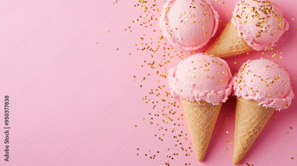 Pink Ice Cream Cones with Golden Sprinkles Pink Ice Cream Cones with Golden Sprinkles