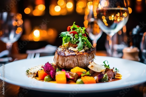 A gourmet steak, perfectly cooked and garnished with vegetables, sits elegantly on a white plate in a fine-dining setting with ambient lighting and a glass of white wine. photo