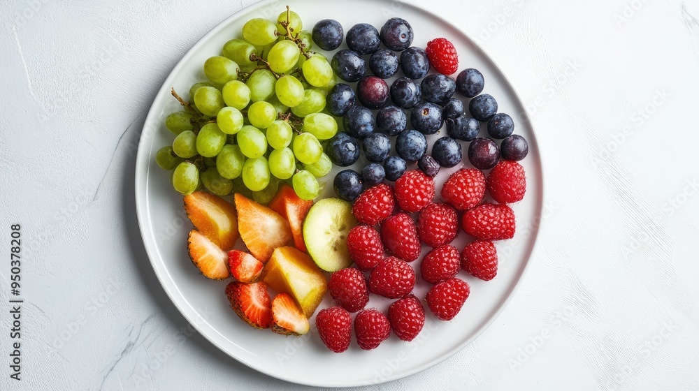 An assortment of berries and grapes arranged in a pattern on a white plate, top view An assortment of berries and grapes arranged in a pattern on a white plate, top view