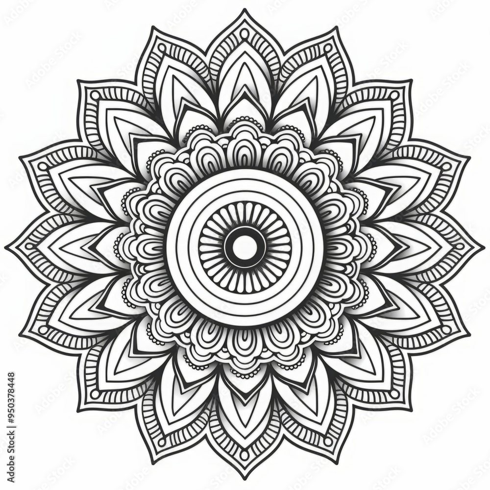 Hand-drawn intricate mandala with detailed patterns on a white background. Black and white ornamental design. Generative AI Hand-drawn intricate mandala with detailed patterns on a white background. Black and white ornamental design. Generative AI