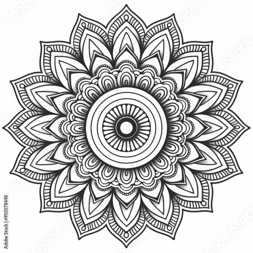 Hand-drawn intricate mandala with detailed patterns on a white background. Black and white ornamental design. Generative AI