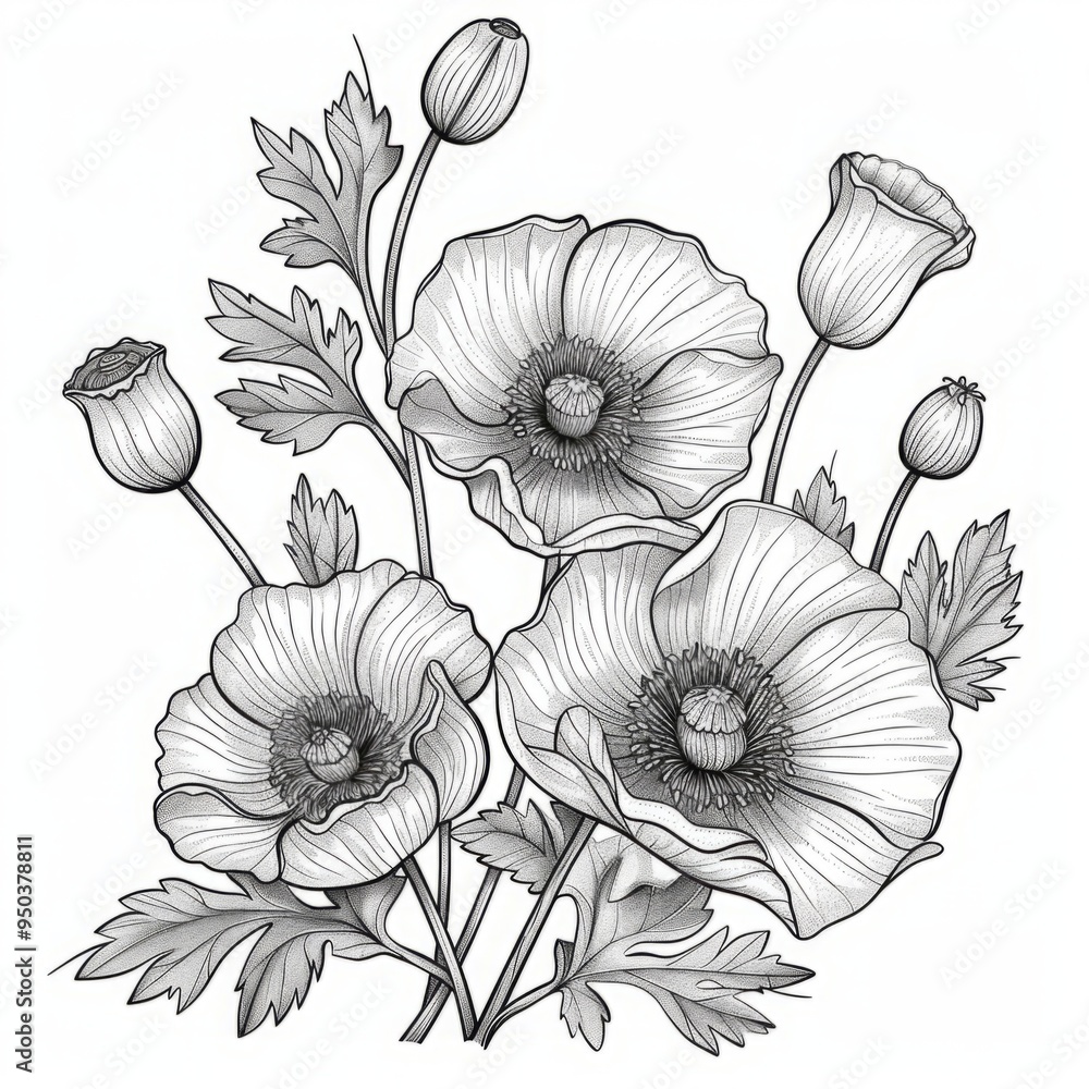 Fototapeta premium Field of poppies with buds and stems. Detailed black and white line drawing illustration. Botanical and nature concept for coloring book and print. Generative AI