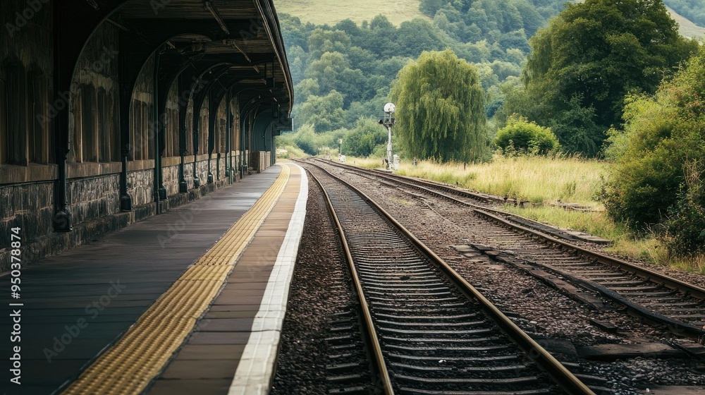 An empty train station platform in a picturesque countryside setting, with tracks leading into the distance An empty train station platform in a picturesque countryside setting, with tracks leading into the distance