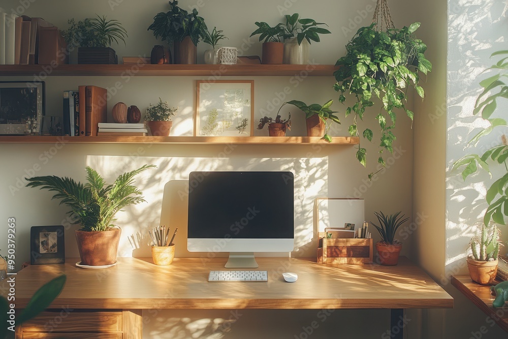 Serene Minimalist Home Office with Light Wood Desk and Open Shelving, Side Shot with Sunlight Shadows Creating Calm Atmosphere Serene Minimalist Home Office with Light Wood Desk and Open Shelving, Side Shot with Sunlight Shadows Creating Calm Atmosphere