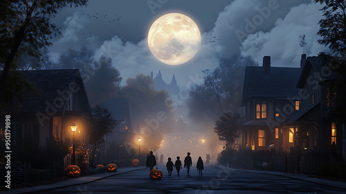 Fototapeta Naklejka Na Ścianę i Meble -  A foggy, moonlit night in a small town with silhouettes of trick-or-treaters walking down a street lined with houses adorned with Halloween decorations. 
