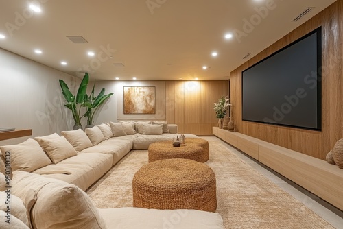 Modern Minimalist Entertainment Room with Cozy Seating and Light Wood Accents