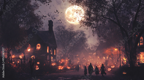Fototapeta Naklejka Na Ścianę i Meble -  A foggy, moonlit night in a small town with silhouettes of trick-or-treaters walking down a street lined with houses adorned with Halloween decorations. 