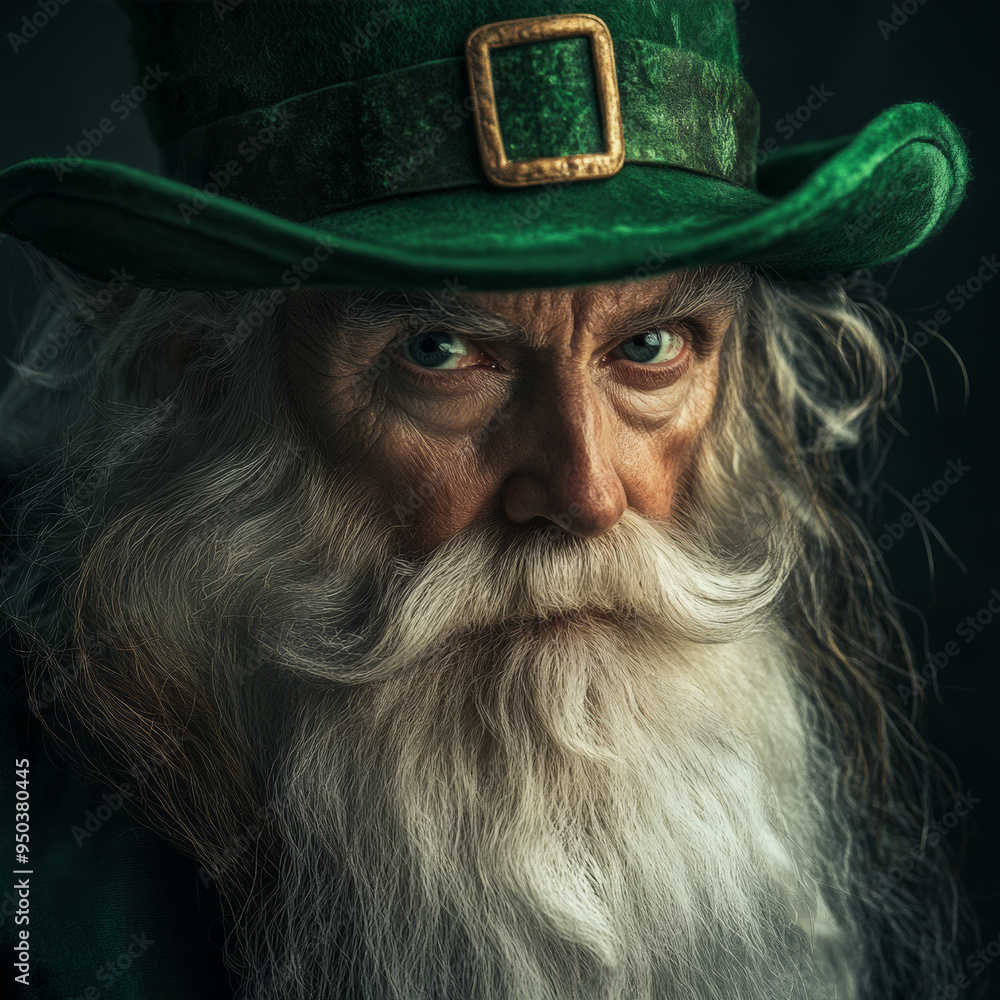 A leprechaun with an elegant green hat and long white beard, looking directly at the camera A leprechaun with an elegant green hat and long white beard, looking directly at the camera
