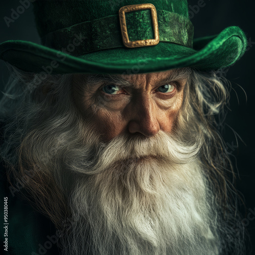 A leprechaun with an elegant green hat and long white beard, looking directly at the camera photo